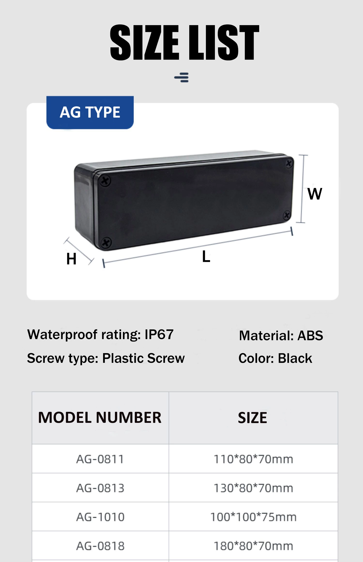 Waterproof Electrical Junction Plastic Box ABS AG Series with Black