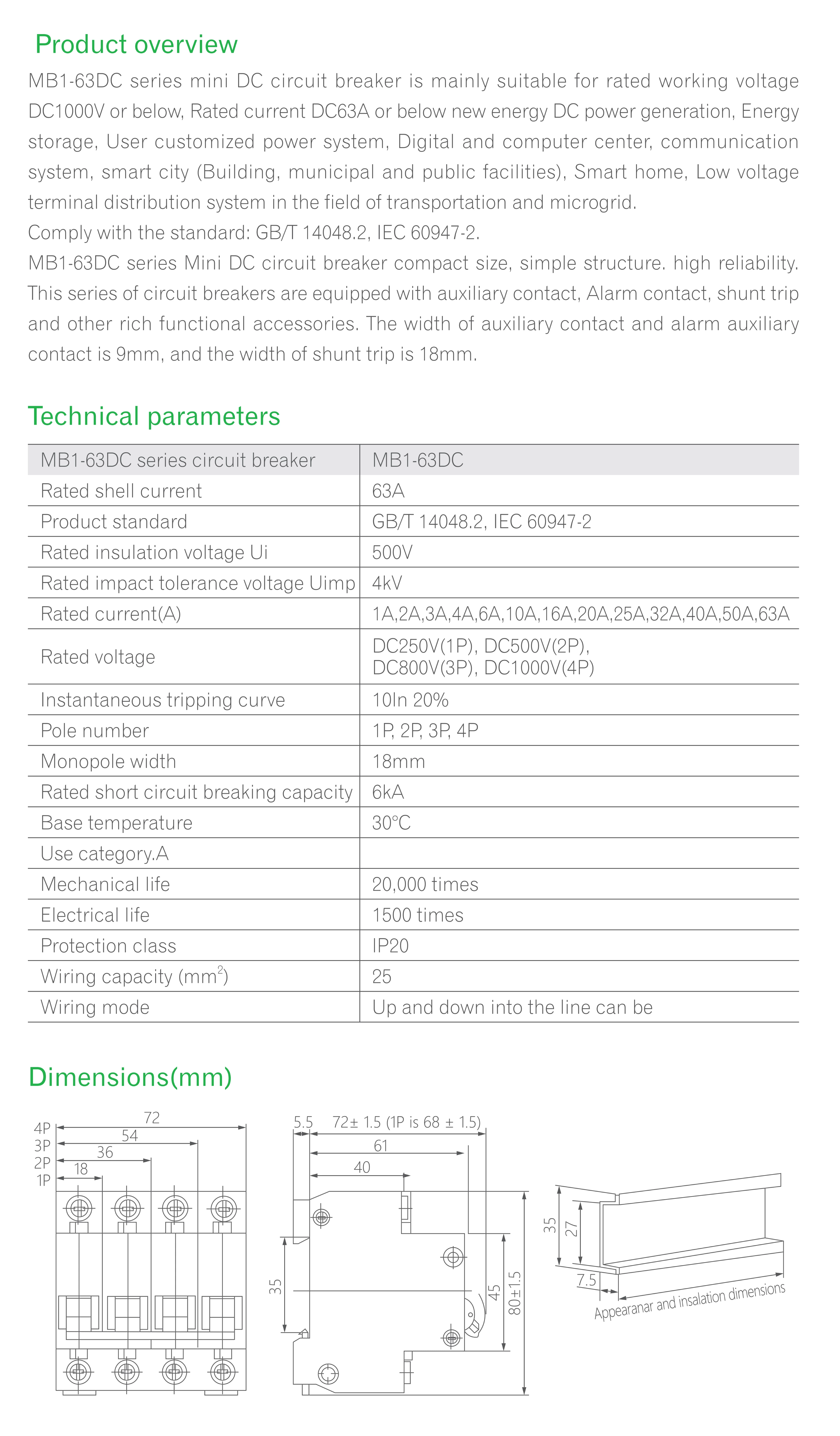 MB1-63DC 2P DC MCB（Mini Circuit Breaker)