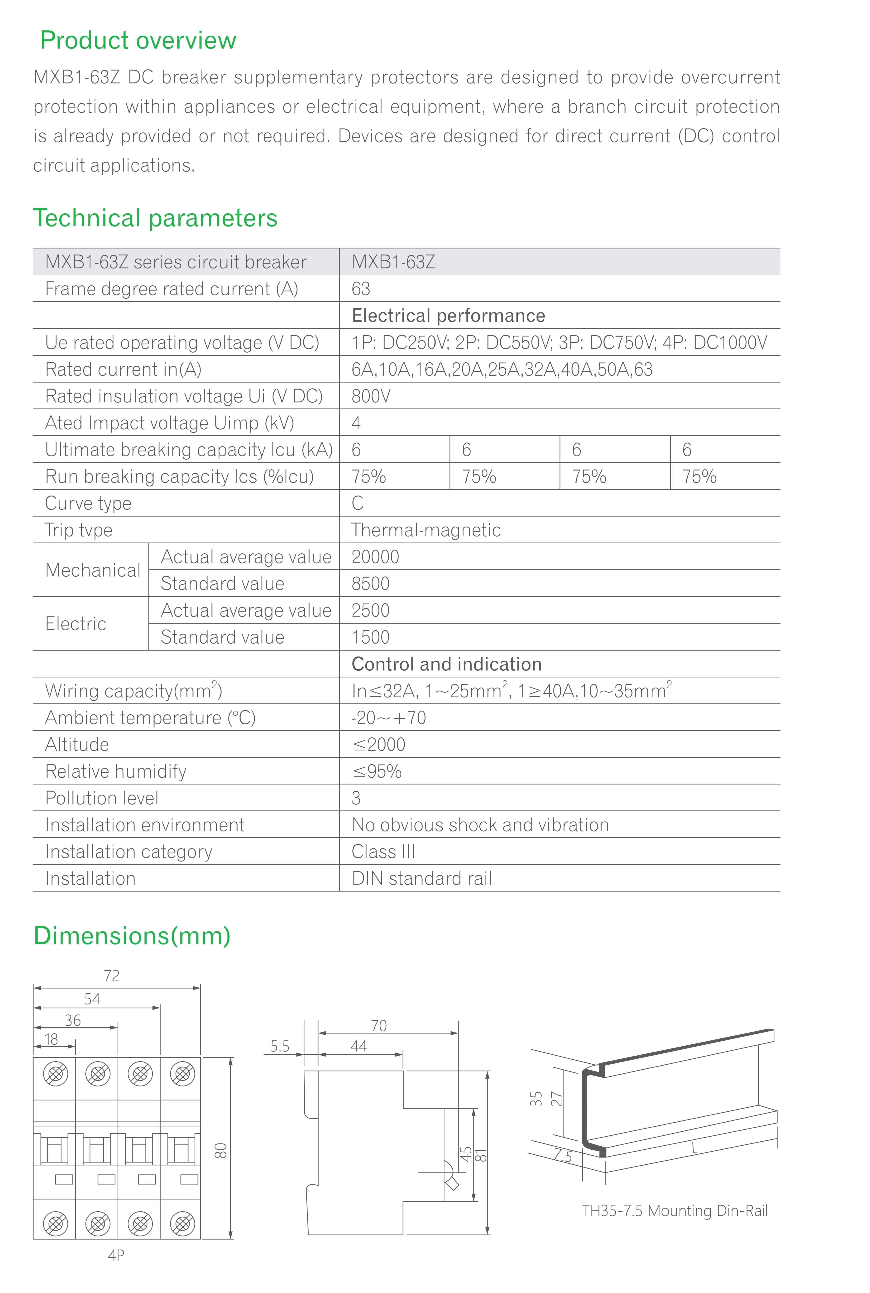 MXB1-63Z 1P DC MCB（Mini Circuit Breaker)