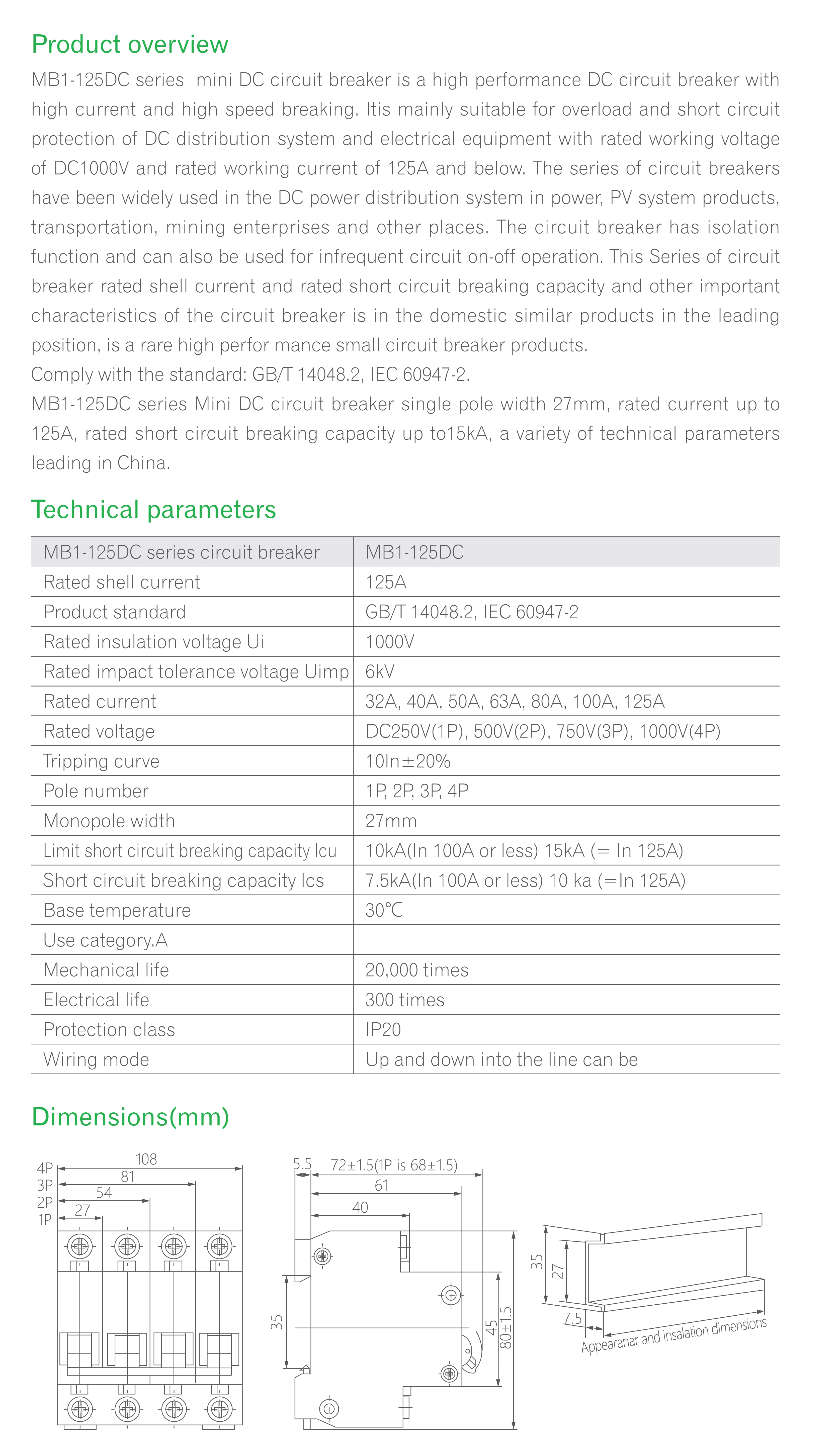 MB1-125DC 4P DC MCB（Mini circuit breaker)